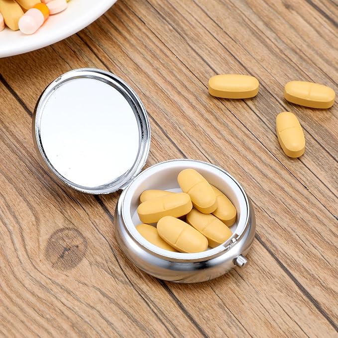 Pill Box Cute Small Pill Box for Purse & Pocket Medicine Organizer Travel Pillbox Waterproof Pills Cases Metal Pills Container Holder for Vitamins, Fish Oil, Supplements (Pink)
