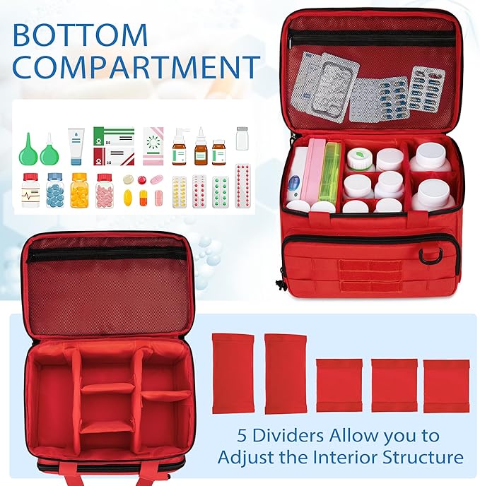 CURMIO Tactical Pill Bottle Organizer Case, Double Layers Medicine Storage Bag for Medication Bottles, Vitamins, Medical Supplies, Red (Bag Only)