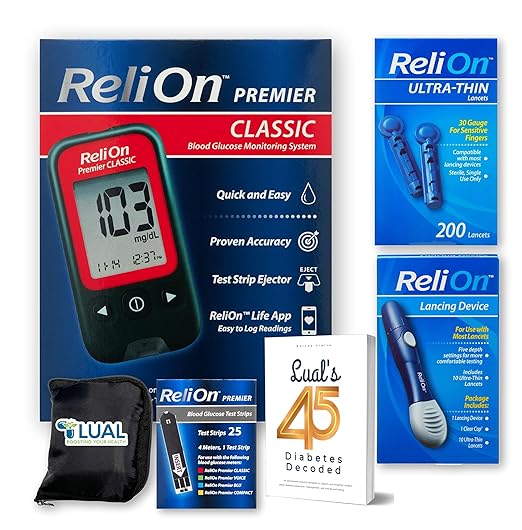 Premier Glucose Monitor Starter Kit with Strips, Lancets & Lancing. Full Diabetes Testing Bundle with Luall's 45 Diabetes Decoded