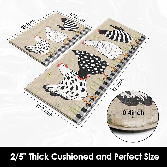 Anti-Fatigue Rooster Kitchen Rug Set of 2 Cushioned Chicken Rug for Floor, Farmhouse Standing Mat Waterproof Non-Slip Mat PVC Ergonomic Comfort Foam Kitchen Decor