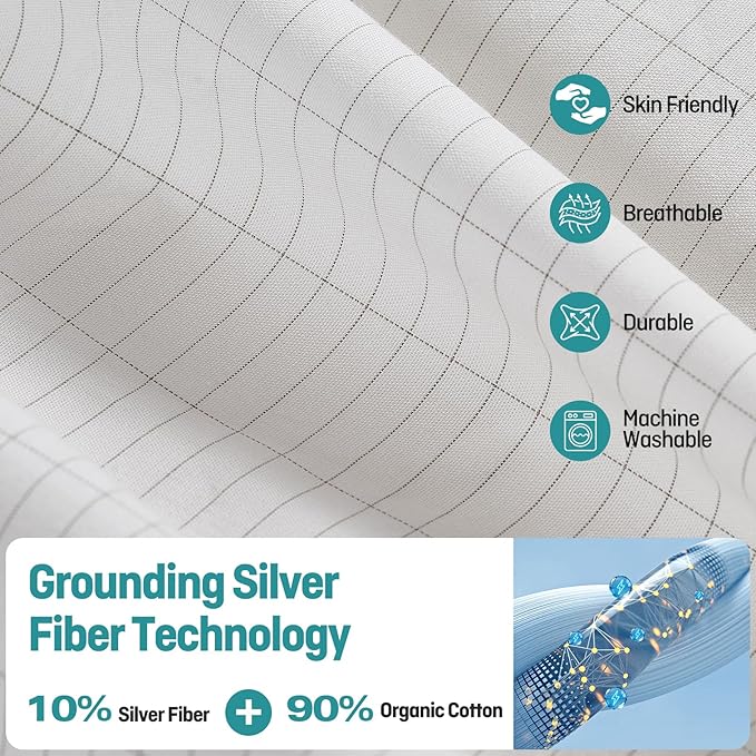 Grounding Fitted Sheets Twin Size, Grounding Sheets Twin with 10% Silver Fiber, 15'' Deep Pocket Grounded Fitted Bed Sheets for Better Sleep & Wellness, 39" x 75"x15", White
