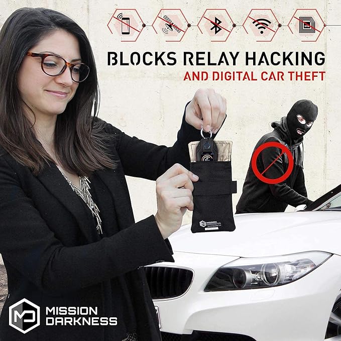 Mission Darkness Phone & Keyfob Faraday Bag Bundle - Collection Includes 1 Mojave Faraday Phone Bag + Keyfob Shield (2-Pack). RF Shielding, Anti-tracking & Hacking, EMF Reduction, EMP Protection.