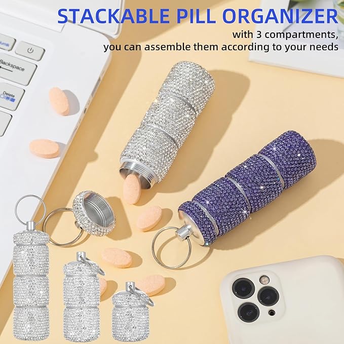 Keychain Pill Holder Box Travel Small Pill Case Bling Portable Purse Medicine Case Container Metal Pill Organizer Fob for Vitamin Medicine(Purple)