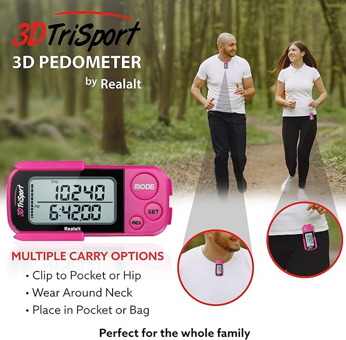 Realalt 3DTriSport 3D Walking Pedometer with Clip & Strap, Accurate Step Counter with 30-Day Memory, Distance in Miles/KM with Large Display Perfect for Seniors & Beginners, eBook Included