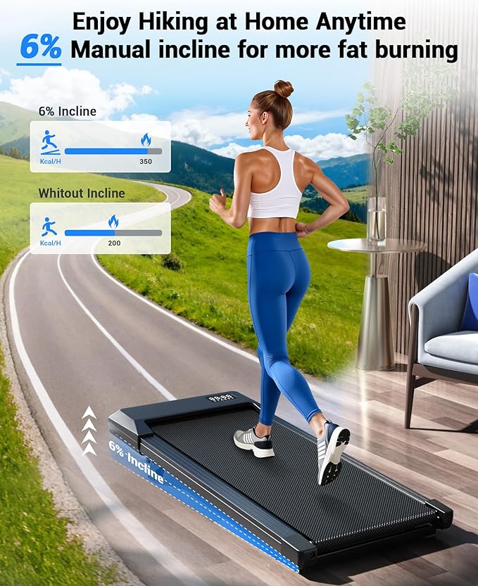 DeerRun Walking Pad Under Desk Treadmill with Incline, Quiet & Space-Saving Design for Home Office, 300 lbs Capacity, 0.6-3.8 MPH, App & Remote Control