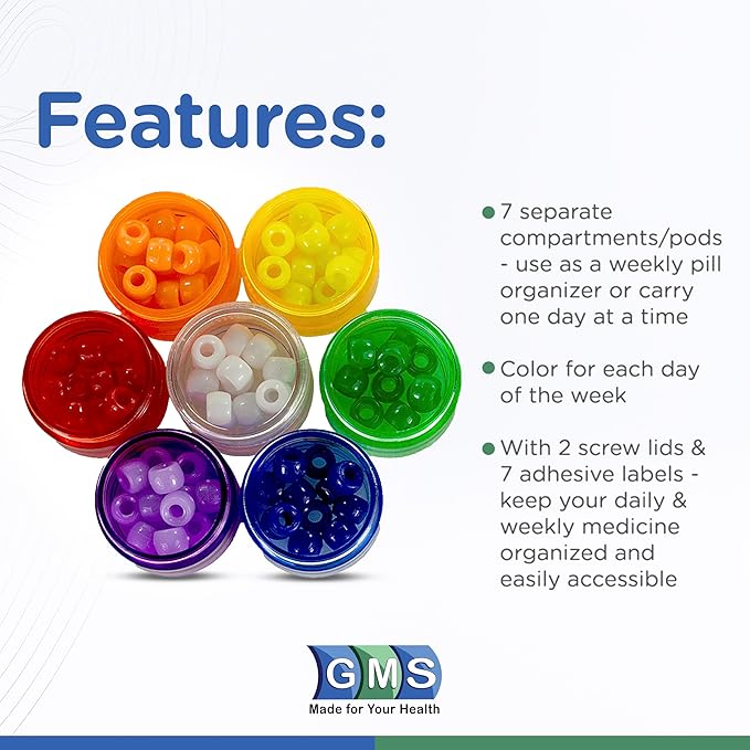 GMS 7 Day Medicine Pill Organizer - Stackable Pill Box - Ideal for Travel - Fits Small Tablets, Pills & Vitamin Supplements - Keep Your Daily & Weekly Medicine Organized in One Place - Small