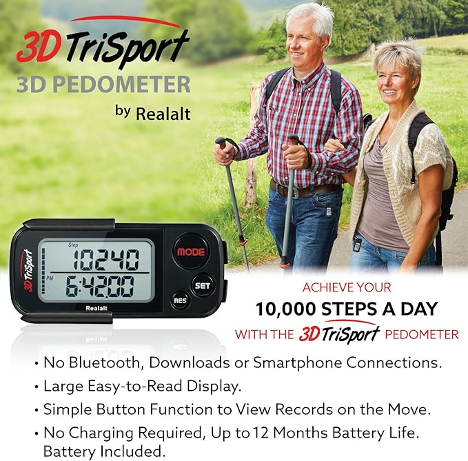 Realalt 3DTriSport 3D Walking Pedometer with Clip & Strap, Accurate Step Counter with 30-Day Memory, Distance in Miles/KM with Large Display Perfect for Seniors & Beginners, eBook Included