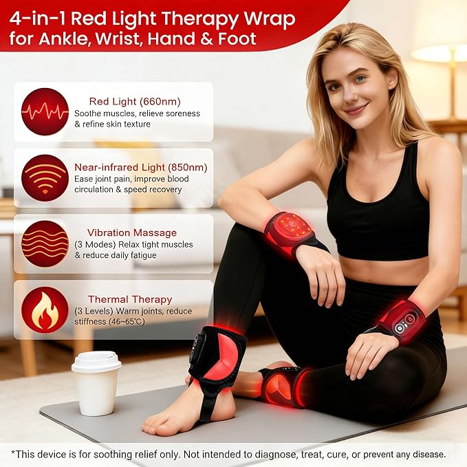 Cordless Red Light Therapy for Ankle Massager Heating Pad, 660nm Red & 850nm Near Infrared Light Therapy Wrap with Vibration & Heat, 3000mAh Rechargeable for Ankle Wrist Foot Arch Comfort (Black)