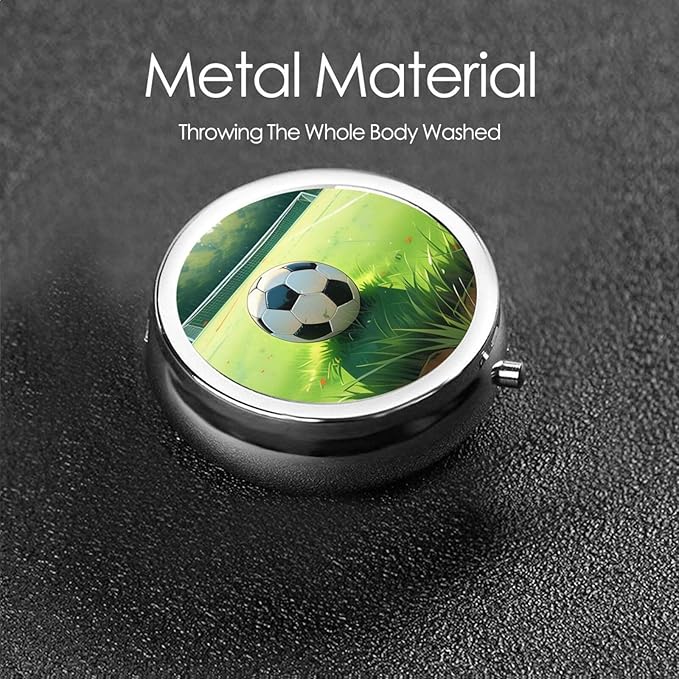 ZhongGuo Green Grass Soccer Printed Pill Organizer,Round Travel Pill Organizer Mini Medicine Pill Box for Purse Iron Plating