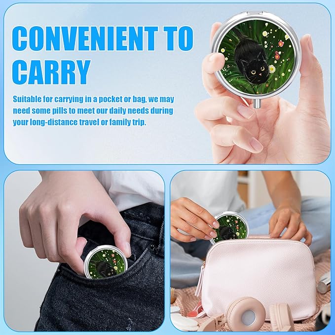 Blact Cat Flower Pill Case, Pill Box 3 Compartments Metal Small Pill Holder with Mirror Mini Travel Pill Container for Purse Pocket Women Men