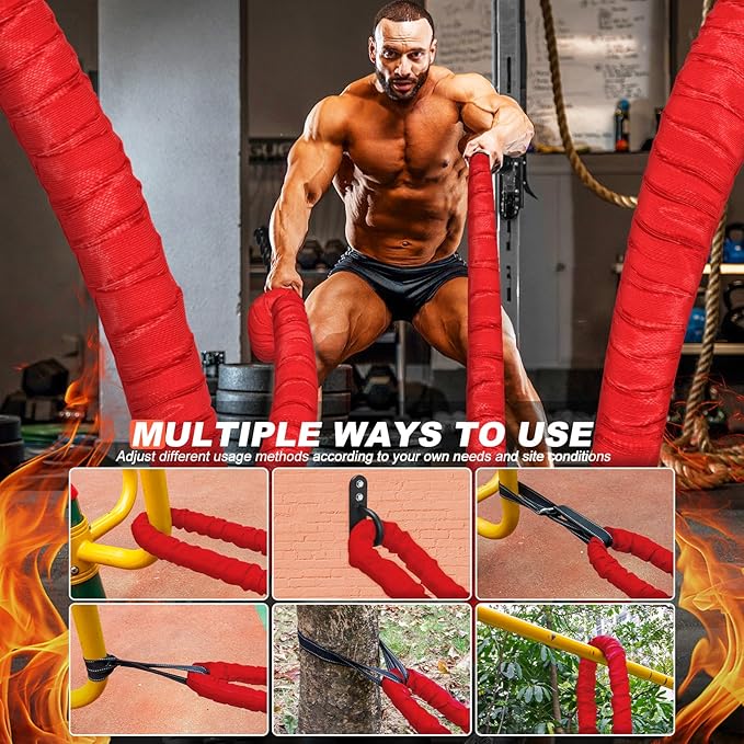 Battle Ropes for Home Gym Exercise - 1.5 Inch Diameter 30FT Red Battle Rope Workout Exercise Training Ropes with Protective Sleeve for Kids Men Women Exercise Fitness & Strength Training