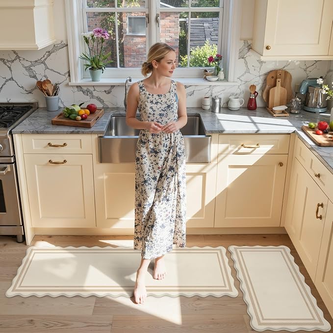 KIMODE Anti Fatigue Kitchen Mats, Beige Boho Kitchen Rugs, Padded Kitchen Mat for Floor, Comfort Standing Desk Mat, Cushioned Kitchen Mats for Floor 2 Piece for Laundry Office Sink 17"x59"+17"x29"