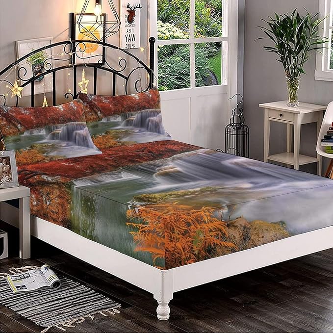 XISUNYA Decorative Bedding Sheet Set Cal-King Size, National Parks Deep Pockets Fitted Sheet & 2 Pillow Sham Set, Fall Season Cascade Print Microfiber 3pc Bed Sheets Set, for Boys & Girls Bedding