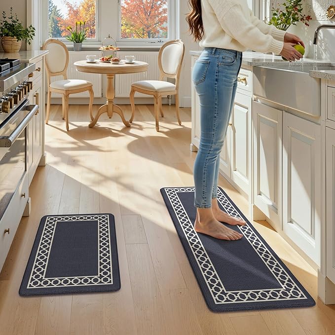 LEEVAN Kitchen Mats for Floor Set of 2,Anti Fatigue Mats for Kitchen Floor,Navy Blue Cushioned Non Slip Boho Standing Mat,Waterproof Memory Foam Comfort Kitchen Floor Mat for Sink(17"x29"+17"x47")