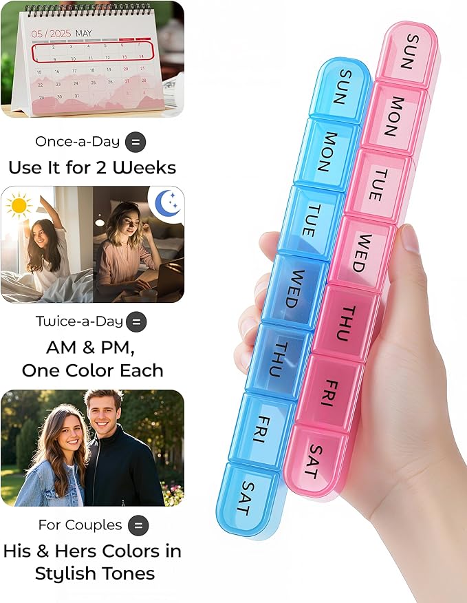 Daviky 2 Pack Weekly Pill Organizer, Large Pill Box 7 Day, AM PM Travel Medicine Case, Portable Pill Container for Vitamins, Supplements & Medications - Blue & Pink