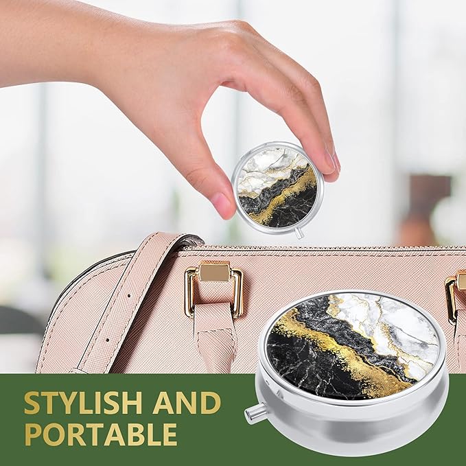 Nipichsha Pill Box, Small Pill Case for Purse & Pocket, Cute Travel Medicine Organizer, Portable Medicine Container Holder to Hold Vitamins, Medication, Fish Oil & Supplements, Black Gold Marble