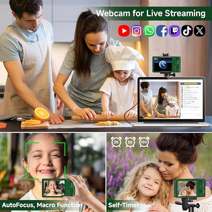 Digital Camera, FHD 4K Autofocus Compact Digital Cameras for Teens, Green Point and Shoot Camera for Kids with 16X Zoom, 64GB SD Card, 2026 Upgraded Small Digital Camera for Boys Girls Teens Kids Gift