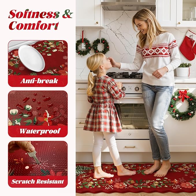 Collive Christmas Anti Fatigue Mats for Kitchen Floor, Xmas Tree Scalloped Kitchen Rugs Sets of 2 Waterproof Padded Floral Rug, Memory Foam Comfort Standing Mat Non Slip for Office, Sink, Laundry, Red