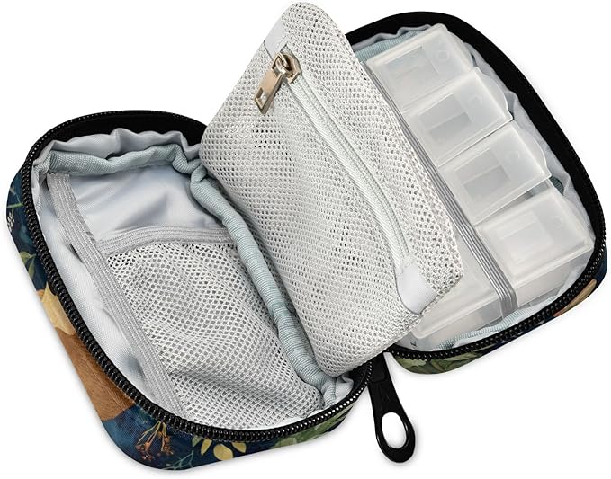 Watercolor Forest Brown Bears Green Travel Pill Organizer Case Box Container Weekly Portable Vitamin Medicine Holder Storage Bag with Zipper Removable