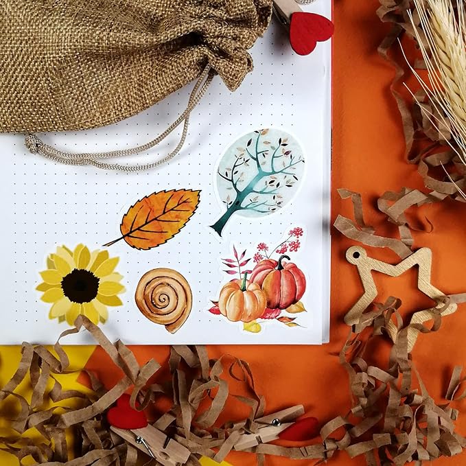 BulbaCraft Fall Stickers, Autumn-Themed Stickers with Pumpkins, Leaves, Animals & More – Perfect for Scrapbooks, Crafting, Laptops – Durable, Easy Peel-Off, Gifts for Women & Men