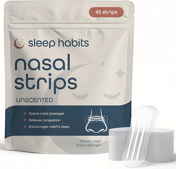 SleepHabits 45PC Breathing Strips, Non-Toxic Tested Nose Strips for Breathing & Sleep | Nasal Strips for Snoring Solution | Extra Strength for Sensitive Skin | Nasal Strips for Sleeping, Unscented