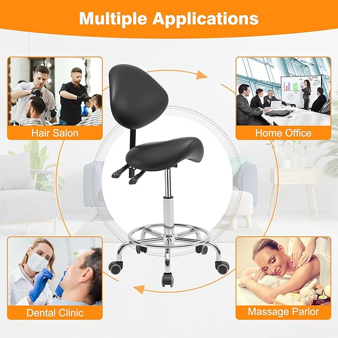 Saddle Stool Chair with Back Support, Multi-Functional Ergonomic Saddle Chair with Wheels for Salon Spa Dentist Clinic Esthetician Saddle Stools for Hair Stylist Tattoo(with Backrest, Black)