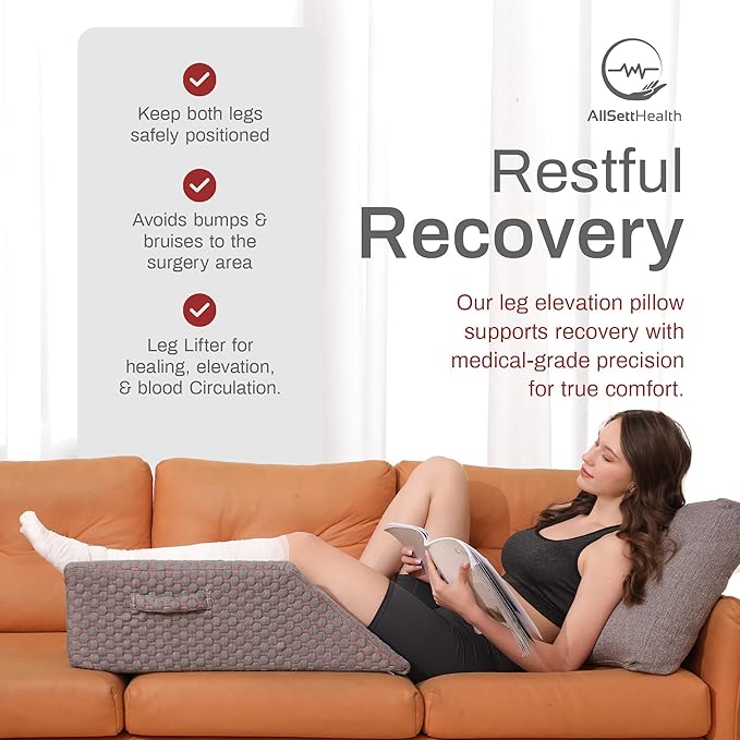 AllSett Health Single Leg Elevation Pillow Post Surgery, Memory Foam Ankle Knee and Leg Wedge Pillow - 29 Inch x 13 Inch x 9.5 Inch