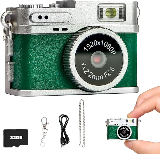 Mini Keychain Camera, Digital Camera, Tiny Vintage Retro Camera, 1080P Video Vlogging Camera,Micro Camcorder with 32 GB Card for Beginners Teens Adults Kids (Green)