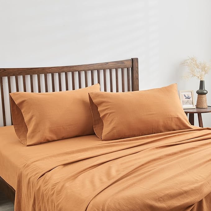 Simple&Opulence Belgian Linen Sheet Set Solid Color - 3 Pieces (1 Flat Sheet, 1 Fitted Sheet & 1 Pillowcase) Natural Flax Cotton Blend Soft Breathable Farmhouse Bedding - Twin Size, Rust