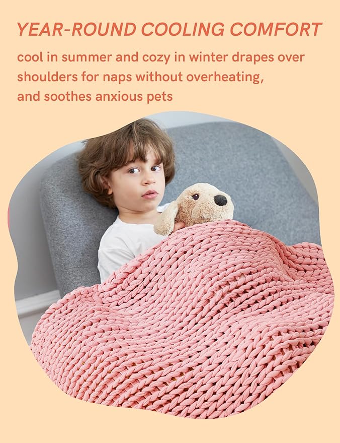 YnM Cooling Weighted Blanket, 100% Cotton Handmade Chunky Knitted Blanket, Weighted Lap, Breathable Heavy Blankets, Machine Washable Throw for Sleep or Home Decor (Light Pink, 25x35 Inch, 3lbs)