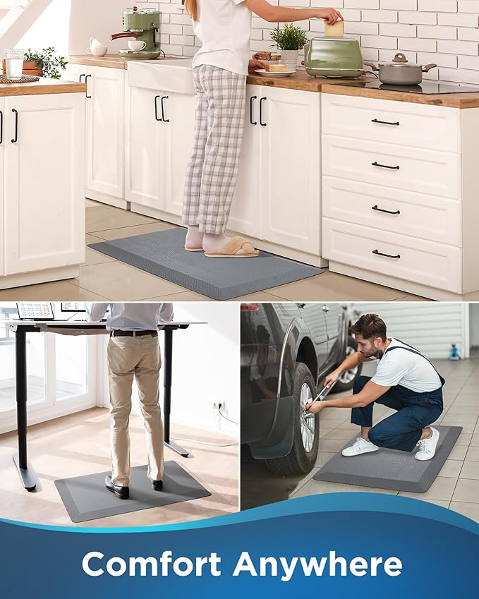 Ophanie Anti Fatigue Cushioned Mat, 9/10 inch Thick, Kitchen mats for Floor, Kitchen Rugs, Waterproof,Comfort Ergonomic Standing Mat for Office, Home, Sink, 20 * 48+20 * 32 Gray Non-Slip Bottom