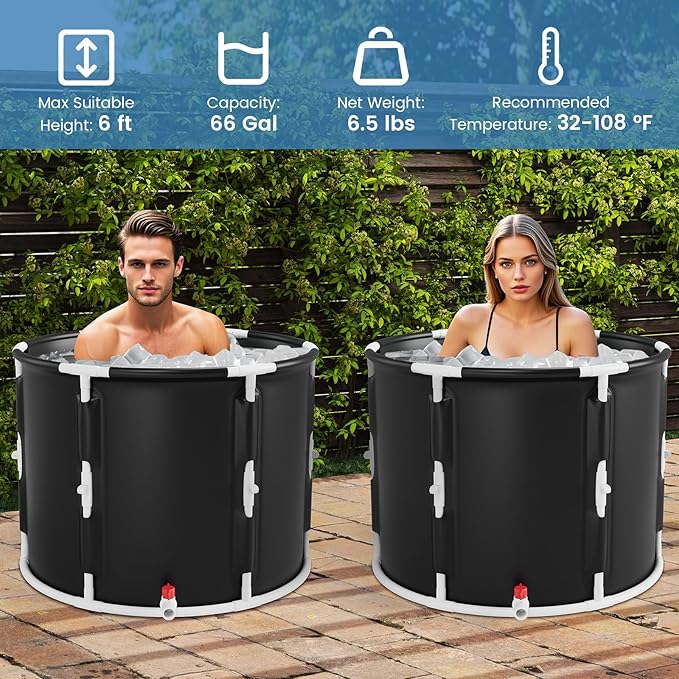 GYMAX Ice Bath Tub, 66 Gal Cold Plunge Tub with Lid & Click Design, Foldable Cold Bath Plunge Tub for Athletes Cold Water Therapy, Portable Freestanding Soaking Tub for Backyard, Home