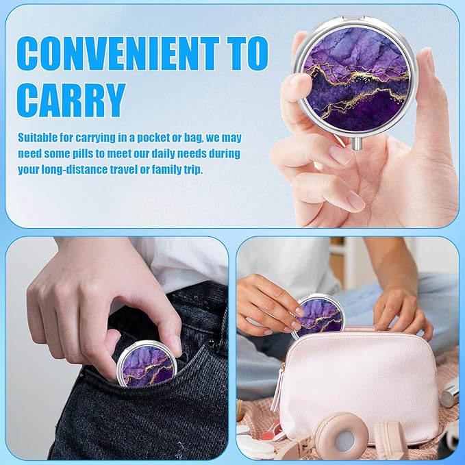 Purple Gold Marble Pill Case, Pill Box 3 Compartments Metal Small Pill Holder with Mirror Mini Travel Pill Container for Purse Pocket Women Men