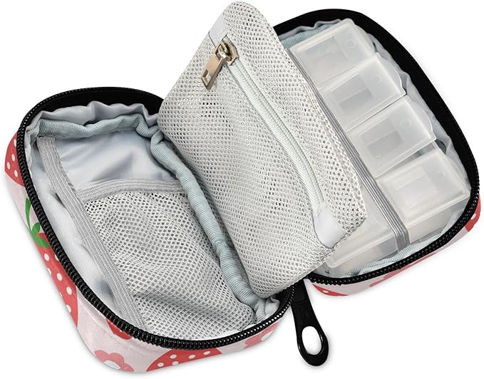 Strawberry Fruits Floral Pill Box 7 Day Pill Case Travel Pill Organizer Bag with Zipper Portable Weekly Vitamin Medicine Supplement Holder Pouch Bag