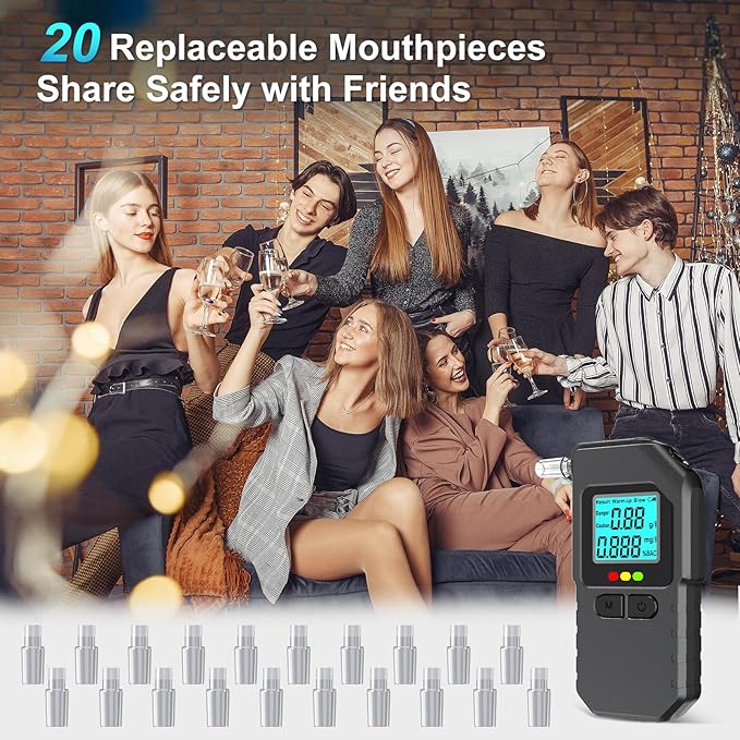 Breathalyzer, Portable BAC Tester with Digital LCD Display, Personal Breath Alcohol Device with 20 Mouthpieces, Compact Handheld Monitor for Home, Travel, Parties, Car, Easy Use