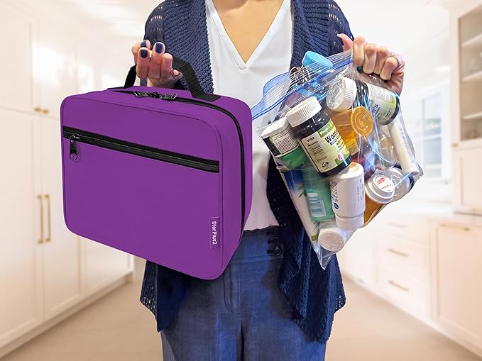 Large Pill Bottle Organizer - 10 Pockets Medicine Bag for Travel & Home Storage - Purple