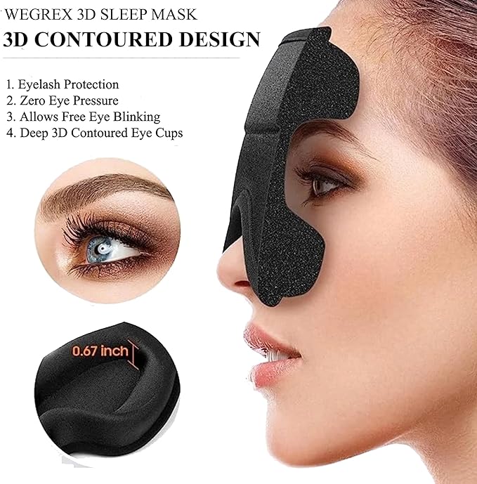 Sleep Mask, 3D Sleeping Mask, Zero Eye Pressure, 100% Light Blocking Eye Mask, Soft Comfortable for Travel & Side Sleepers, WEGREX Sleep Mask (Black)