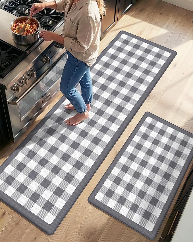 DEXI Kitchen Floor Mats Anti Fatigue, 20x29+20x59 Large Wide Cushioned Runner Rug Memory Foam, Waterproof Comfort Standing Padded Non Skid for Home Office Sink Laundry Grey and White Buffalo Plaid