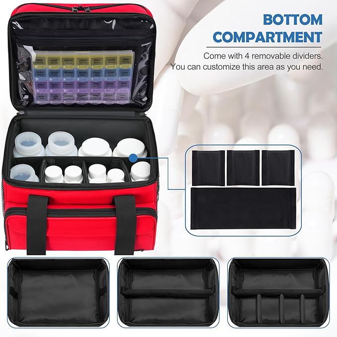 Large Medicine Storage Bag, Double Layer Pill Bottle Organizer Storage Bags with Lockable Zipper, Medication Travel Bag Carrying Case for Men Women (Red)