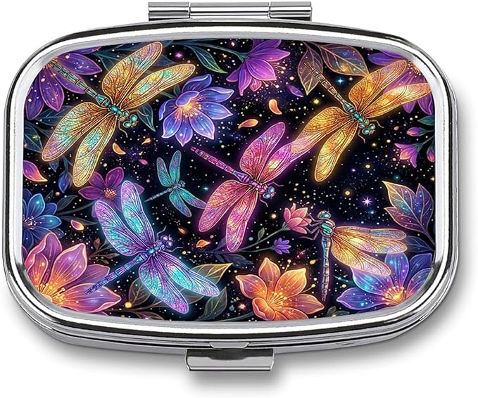 Metal 2 Compartment Pill Organizer Travel Friendly Portable Compact Pill Box Cute Pill Case,for Pocket Wallets Daily Portable Medicine Vitamin Tablet Storage (Painted Dragonfly)
