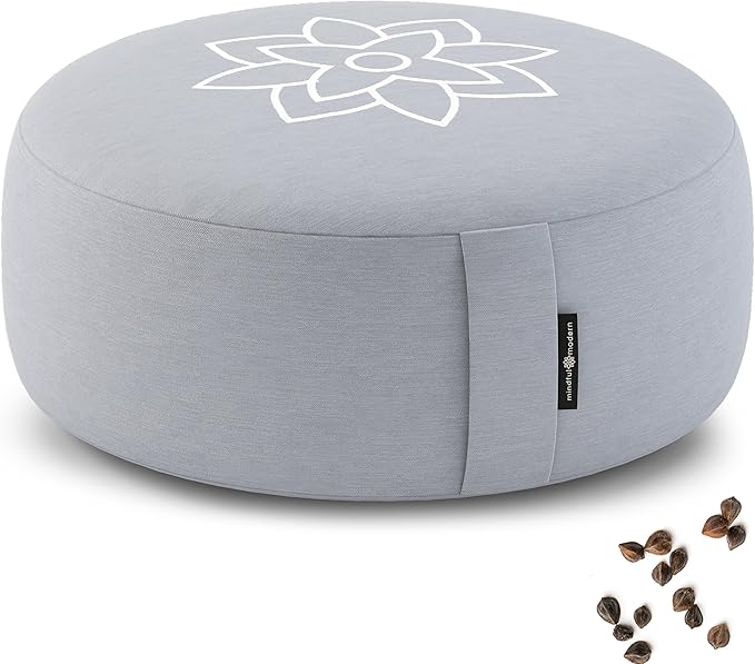 Mindful & Modern Large Meditation Cushion for Zafu Yoga - Meditation Pillow for Sitting on the Floor - Buckwheat Hull Filled Yoga Cushion with Removable, Washable 100% Cotton Cover and Carry Handle