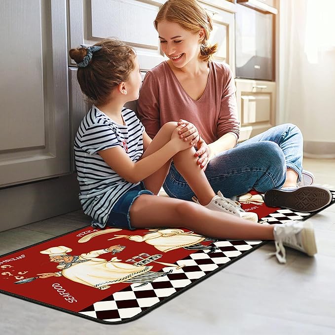 Red Fat Chef Kitchen Rugs 2 Piece Set for Floor Mat, Non Skid Washable Absorbent Microfiber Fat Chef Kitchen Mat for in Front of Sink for Standing for Home Fat Chef Kitchen Decor 17"X30"+17"X47"