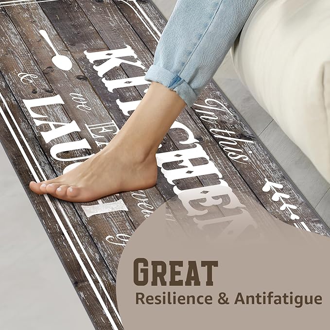 2 Pcs Kitchen Mats and Rugs 47x17.3 inch and 29x17.3 inch, Rustic Woodgrain Design Non Slip Cushioned Standing Mat for Kitchen Floor