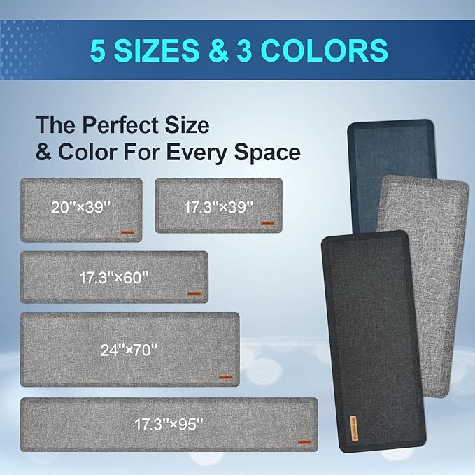 Anti Slip 7/8 inchs Anti Fatigue Kitchen Floor Mat, Ergonomic Comfort Standing Mat, Waterproof Kitchen Runner for Home, Kitchen, Office, Laundry, Garage (Light Gray, 17.3" x 60" -0.87")