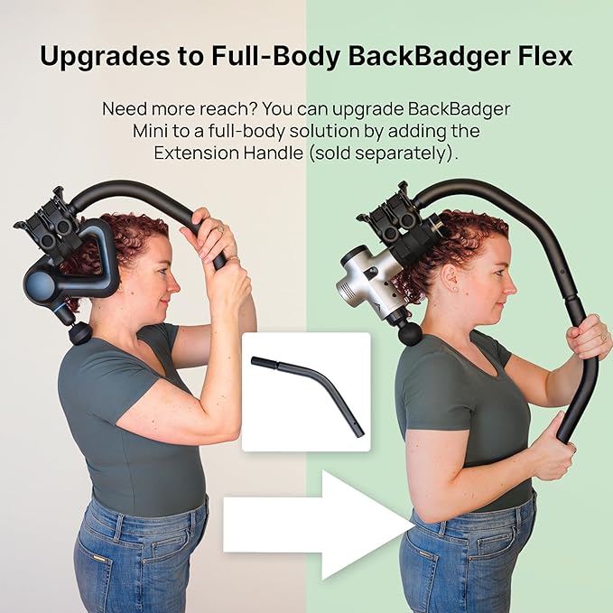 BackBadger Mini Massage Gun Holder for Hard to Reach Areas, Compact Extension Handle Extends Your Reach, for More Effective Upper-Body Pain Relief, Compatible with Most Massage Guns