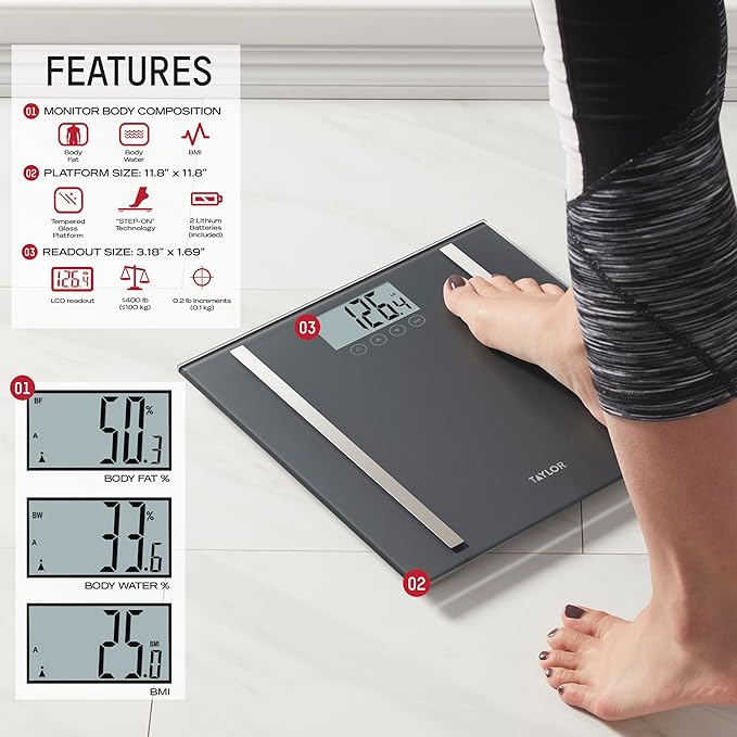 Taylor Digital Body Composition Scale, Bathroom Scale for Body Weight, Measures Body Fat, Body Water & Muscle Mass, 8 User Recognition, Normal & Athlete Modes, 400 lb Capacity, Black