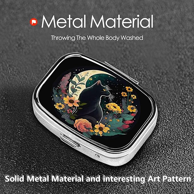 ABLESKY Pill Box, 2 Compartment Pill Organizer Case for Pocket or Purse, Small Portable Metal Travel Medicine Box with Mirror, Daily Vitamins Fish Oil Container-Dark Night Moon Flower Cat