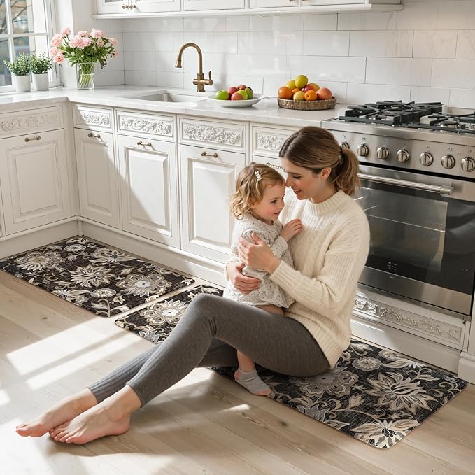 LEEVAN Anti Fatigue Mats for Kitchen Floor 2 Piece,Cushioned Memory Foam Black Kitchen Mats for Floor,Comfort Floral Boho Non Slip Kitchen Floor Mat for Sink,Laundry,Office(20"x31"+20"x47")
