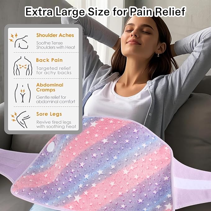 Large Heating Pads for Back Pain/ Period Cramps, 4 Timer(Max 4H)/9 Heat/10ft Long Cord/ 16*24" Heat Pad+27" Belt Wearable(51" in Total) Electric Wrap Around Heating Pad Birthday Christmas Gift(Purple)
