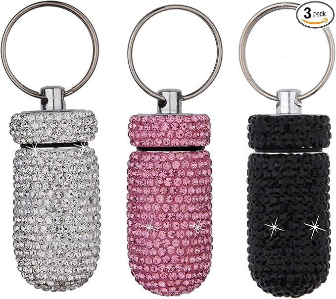 3PCS Bling Crystal Rhinestone Portable Pill Case Pill Container Waterproof Pill Holder with Keychain Glitter Travel Pill Box Small Medicine Dispenser Bottle Storage for Outdoor Camping Travel,4